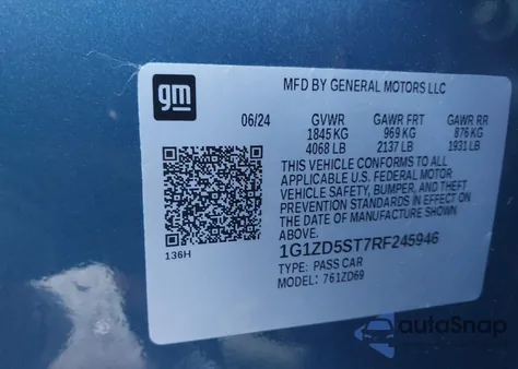 2024 Chevrolet Malibu Fwd 1Lt из США, поврежденный, VIN 1G1ZD5ST7RF245946